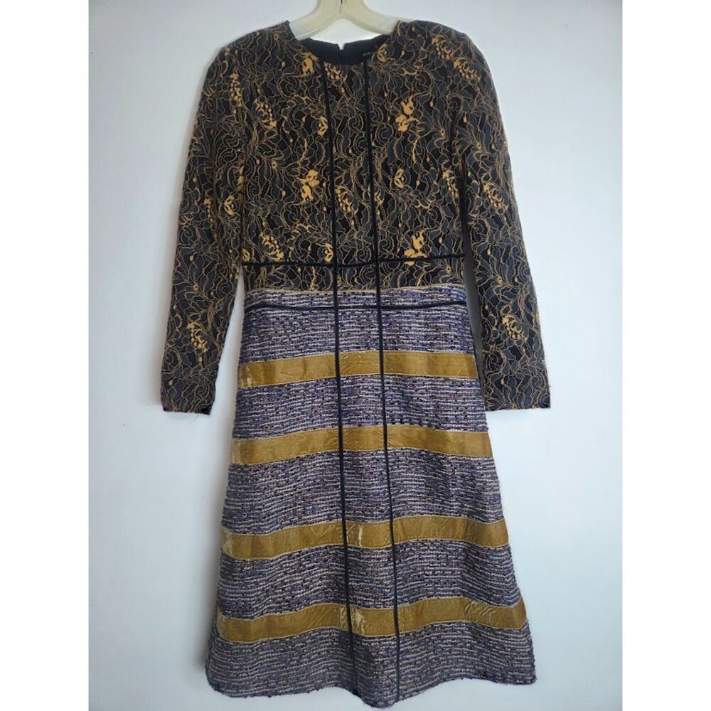 Sara Navon Black Gold Grey Floral Jacquard Tweed Velvet A-Line Dress size Small